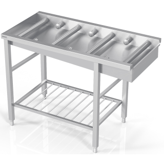 Dishwasher table with half and full rollers, with rod shelf PM0-PS0-100/70/90