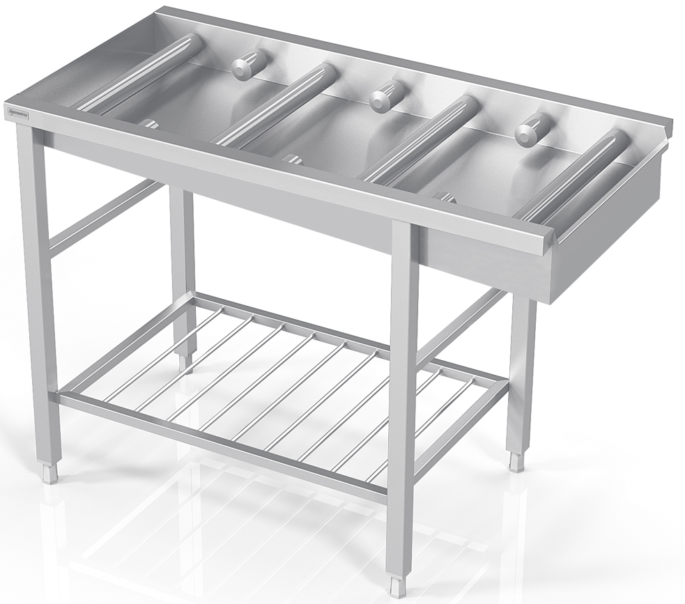 Dishwasher table with half and full rollers, with rod shelf PM0-PS0-100/70/90